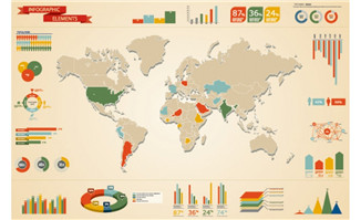 扁平化世界地图及其他元素矢量图素材
