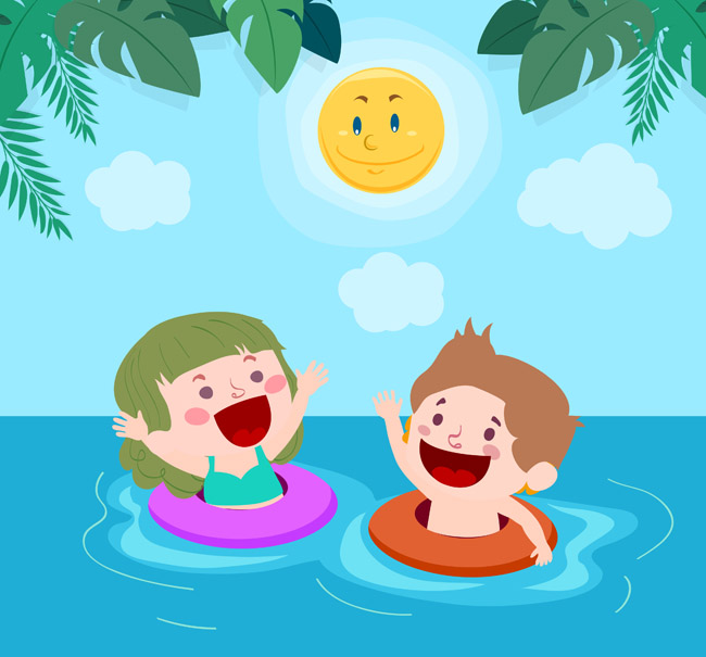 夏天在游泳池子里玩水的儿童形象设计素材