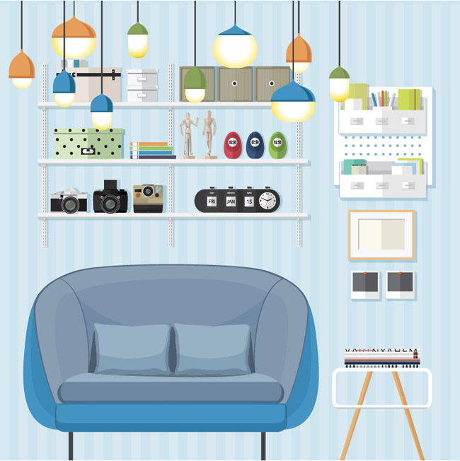 创意彩色吊灯下的沙发现代客厅环境设计矢量素材