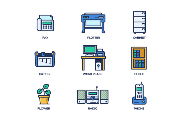 色彩描线办公用品图标素材