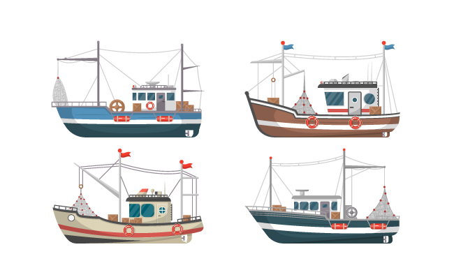 海上渔船海钓不同船只素材矢量