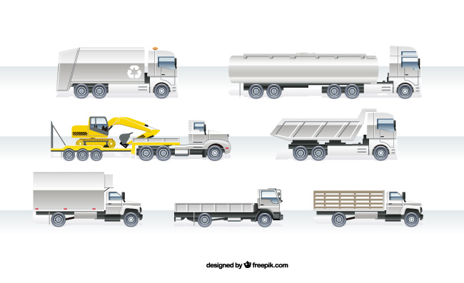 灰色白色不同车辆货车罐车卡车挖掘机矢量
