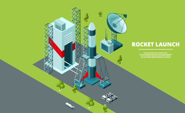 火箭发射太空港火箭飞船穿梭太空港发射台宇宙地球资源管理器矢量图片