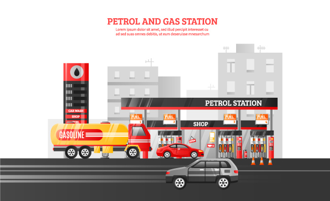 加油站城市建筑背景汽车矢量图