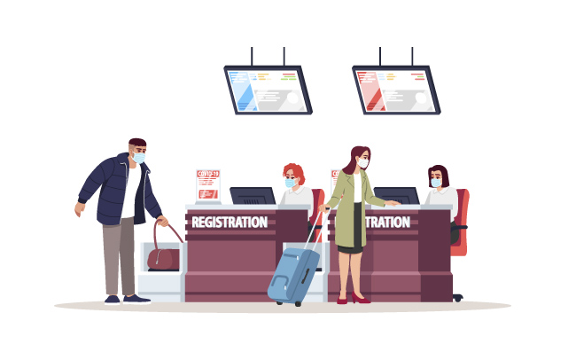 疫情期间游客在飞行前办理登机手续行李托运机场登记台工作人员旅客卡通人物矢量图