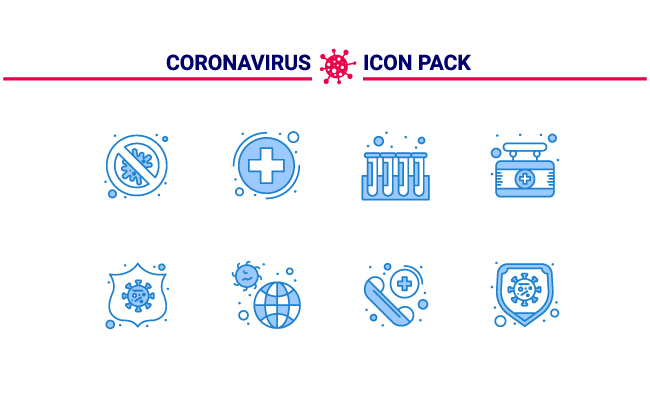 蓝色新冠病毒预防医疗保健措施提示图标矢量