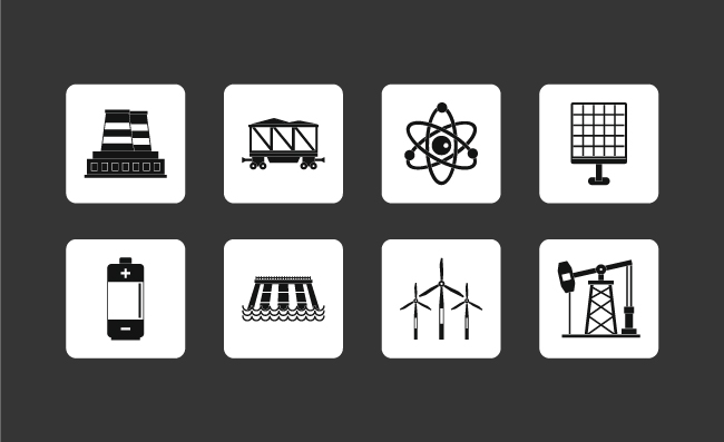 能源生态资源黑白剪影工厂烟囱电力发电电池风车图标