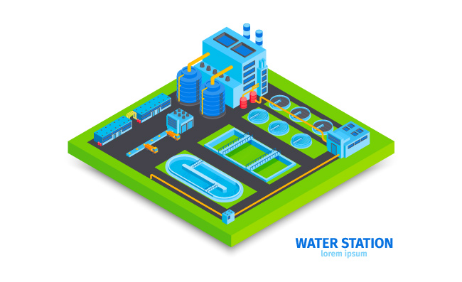 等距净水技术化工厂俯视图水处理厂建筑物矢量图