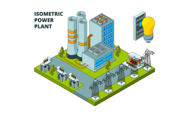 电力工厂电厂能源发电厂等距建筑矢量3d图片