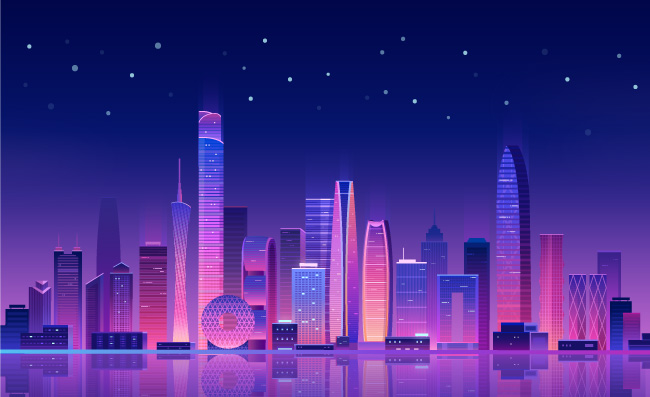 夜光城市地标建筑广州夜景扁平插画