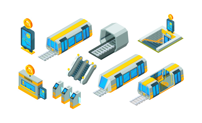卡通立体地铁元素入口自动扶梯隧道城市交通图地铁指示图现代地铁站等距元素矢量