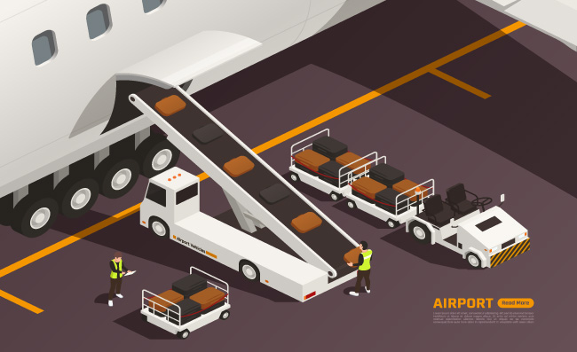 写实2.5D机场货运航空物流行李搬运插图矢量