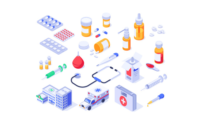 急救箱药品医院救护车药盒医疗保健药物口腔喷雾注射器体温计滴液矢量集