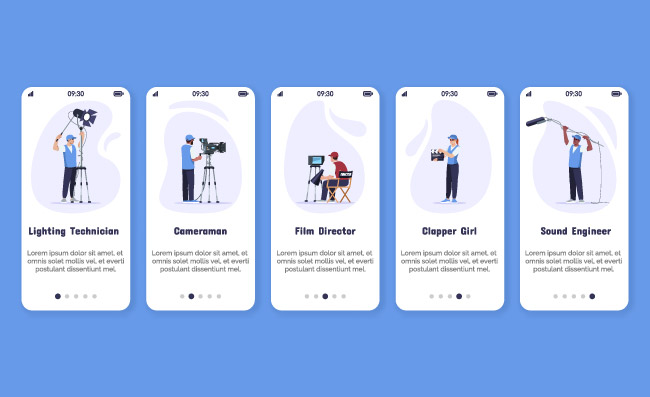 电影制作电影创作团队成员专业设备演练网站步骤使用卡通UX UI GUI应用程序屏幕矢量模板
