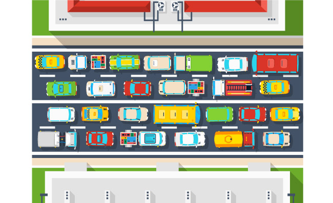 卡通交通堵塞顶视图城市拥堵的道路顶视图插图