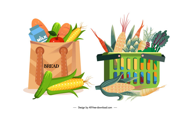 购物篮食品购物包装袋纸袋纸箱里的果蔬元素