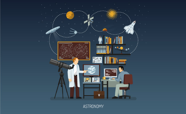 天文学的设计理念天文学设计概念与科学家们忙着宇宙探索和现代设备的空间研究平面矢量图