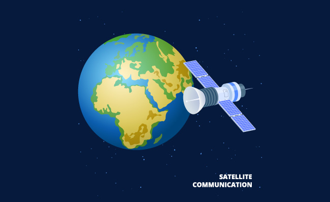 卫星通信矢量飞船地球人造卫星全球通信互联网通信矢量插图