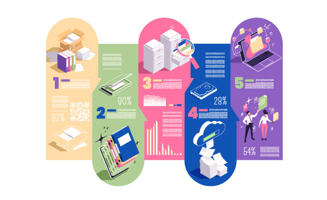 无纸化等距彩色流程图与数字数据彩色背景矢量图
