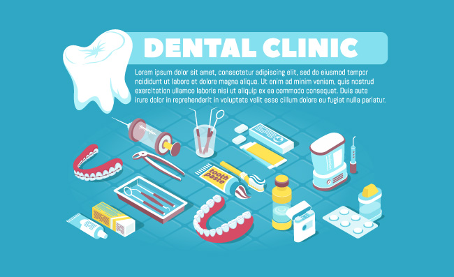 牙科诊所牙医设备牙齿检查防护工具牙科药丸治疗检查仪器卡通牙齿矢量图