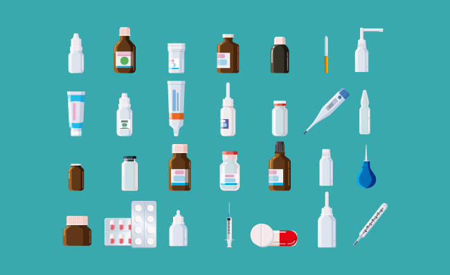 药房医疗套装瓶罐管喷雾剂带盖的滴管注射器温度计移液器罐子玻璃塑料药物维生素抗生素疫苗矢量