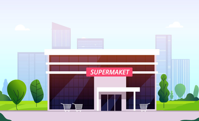 超市街边商务中心商店零售大型超市大楼插图门面矢量图