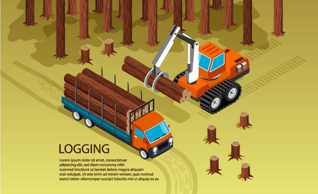 伐木场景锯木厂木工森林风光和挖掘机装载树干到卡车矢量图
