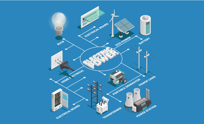 电力网络等距流程图电力生产转换和配电网络等距流程图图方案与架空输电线路背景矢量图
